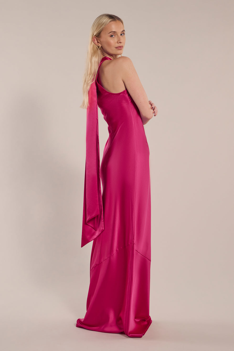 Roma Hot Pink Satin Bridesmaid Dress | Halterneck Maxi | Sizes 8–22