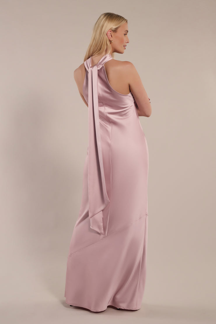 Roma Rose Pink Satin Bridesmaid Dress | Halterneck Maxi | Sizes 8–18