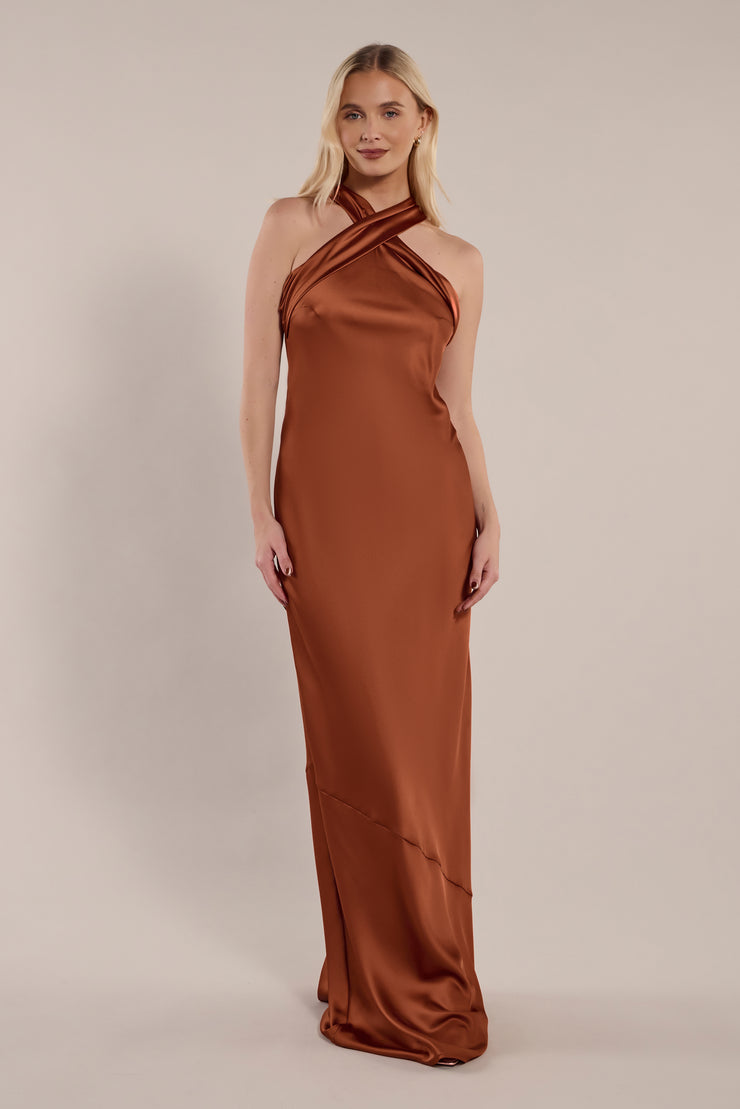 Roma Cinnamon Satin Bridesmaid Dress | Halterneck Maxi | Sizes 818 | Rewritten Rewritten Roma Cinnamon Satin Bridesmaid Dress | Halterneck Maxi | Sizes 818 | Rewritten Rewritten