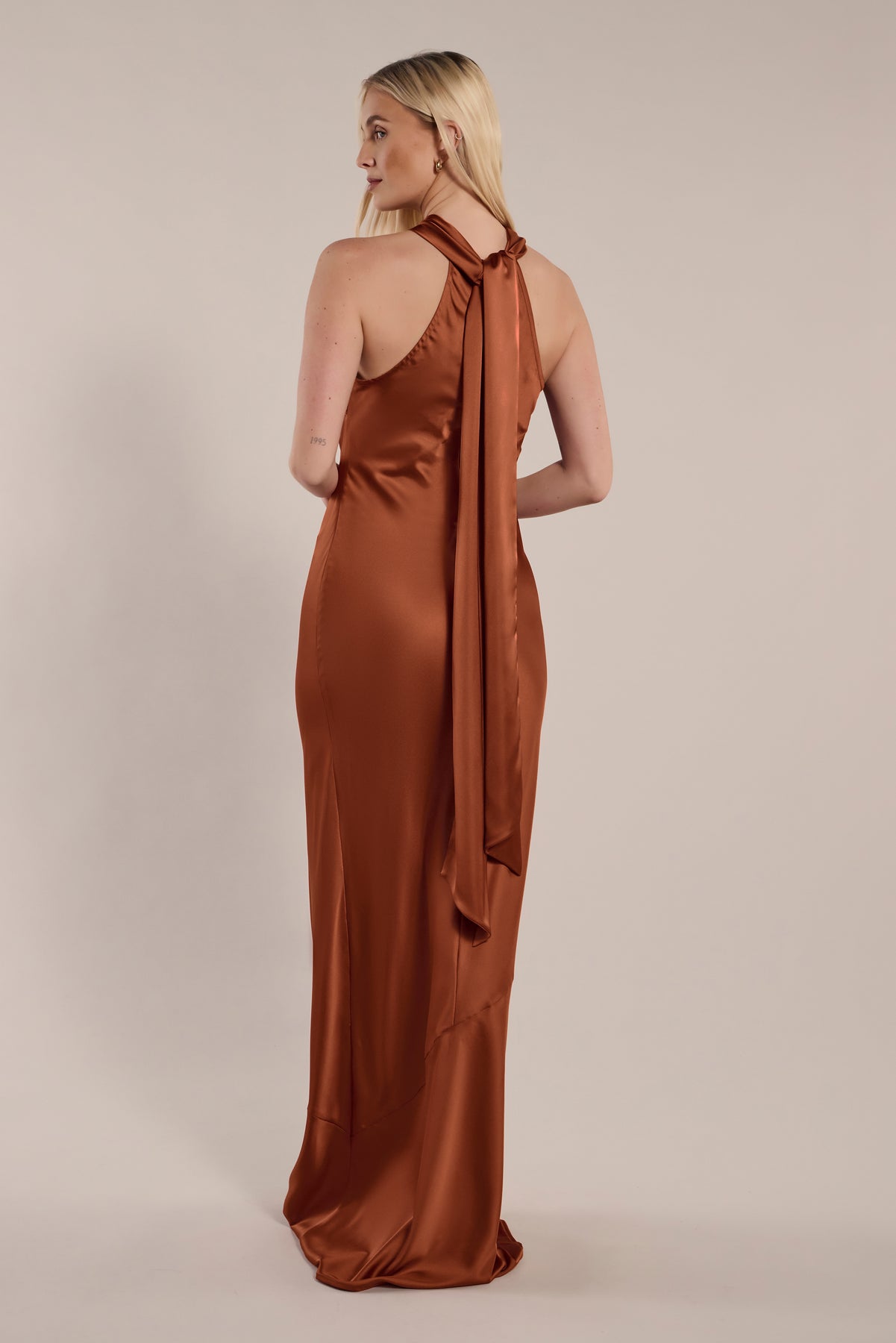 Roma Cinnamon Satin Bridesmaid Dress | Halterneck Maxi | Sizes 818 | Rewritten Rewritten Roma Cinnamon Satin Bridesmaid Dress | Halterneck Maxi | Sizes 818 | Rewritten Rewritten