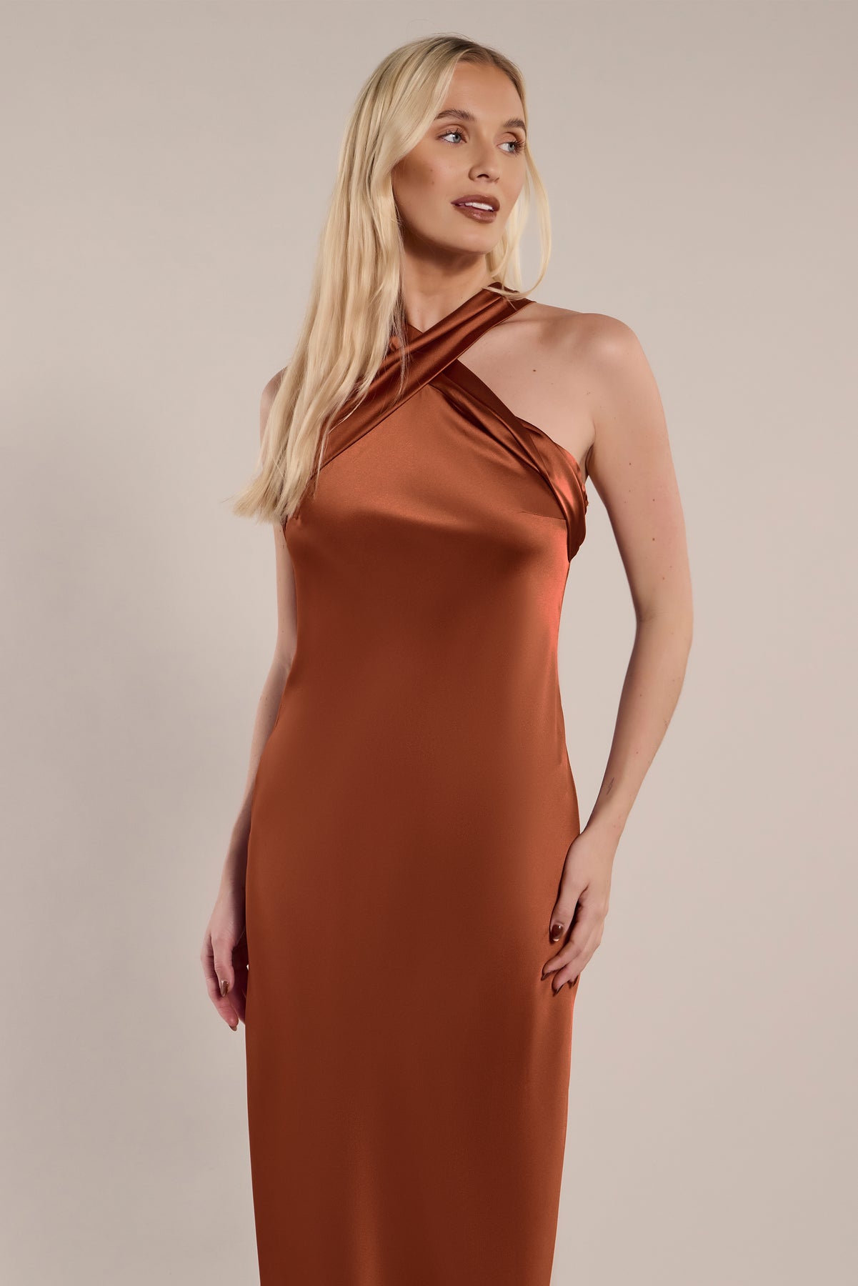 Roma Cinnamon Satin Bridesmaid Dress | Halterneck Maxi | Sizes 818 | Rewritten Rewritten Roma Cinnamon Satin Bridesmaid Dress | Halterneck Maxi | Sizes 818 | Rewritten Rewritten