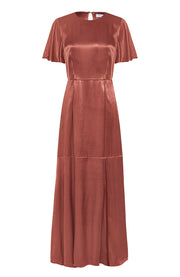 Satin full length flutter sleeve bridesmaids dress in Terracotta in environmentally friendly fabric with a side split. A beautiful rich cinnamon rose gold colour.