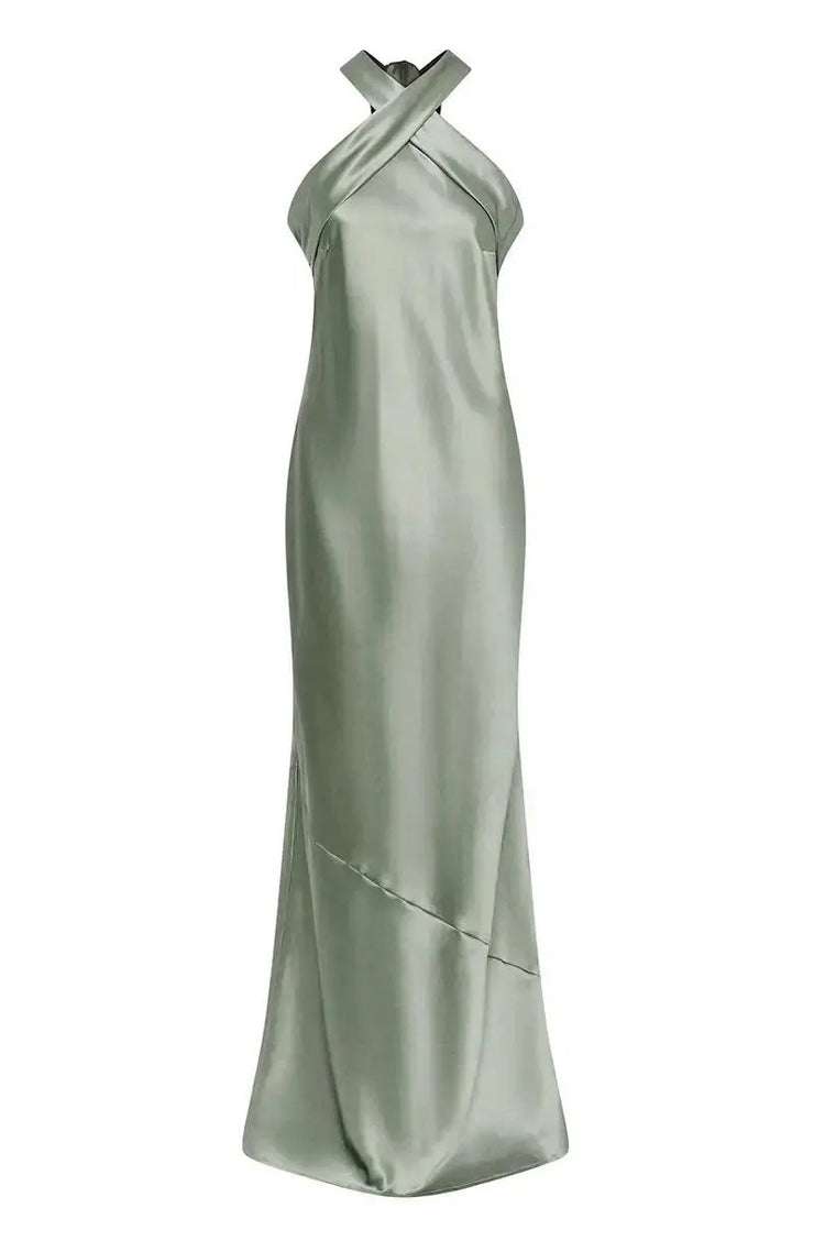 Roma Dress in Sage Green Satin Rewritten London