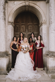 off shoulder dark burgundy chianti red bridesmaids dress