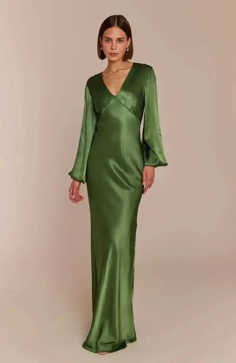 Valencia Long Sleeve Bridesmaids Dress in Olive Green Rewritten