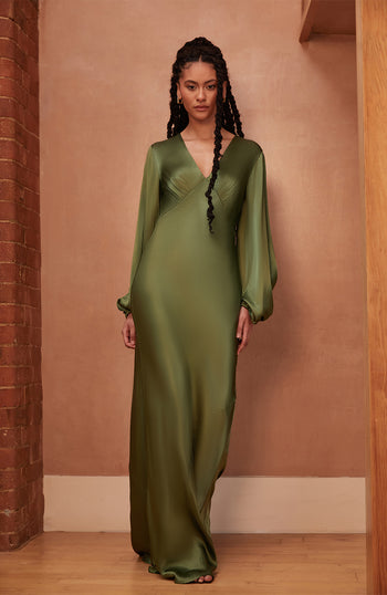 Valencia Dress in Olive Lenzing™ Ecovero™ Satin SAMPLE SALE