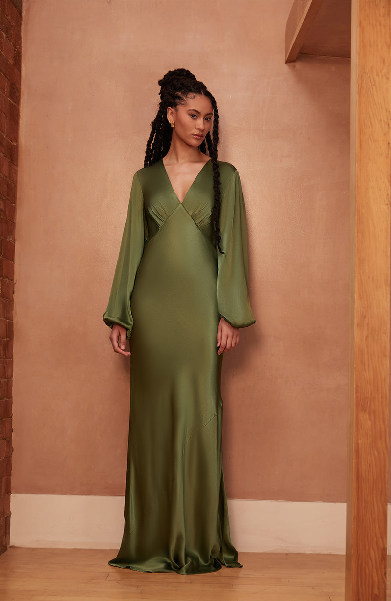 Valencia Long Sleeve Bridesmaids Dress in Olive Green | Rewritten Rewritten Valencia Long Sleeve Bridesmaids Dress in Olive Green | Rewritten Rewritten