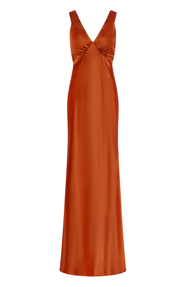 Bias cut satin v neck bridesmaids dress in burnt orange. A beautiful rich copper rust colour.