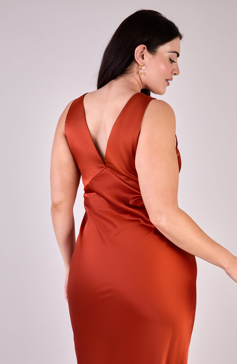 Amelia Burnt Orange Dress In Satin