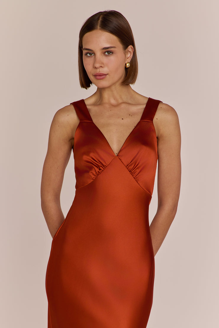 Amelia Burnt Orange Satin Bridesmaid Dress | Bias-Cut Maxi | Sizes 8–20