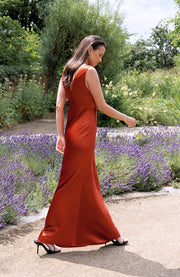 Burnt orange rust thick strap v neck bridesmaids dress