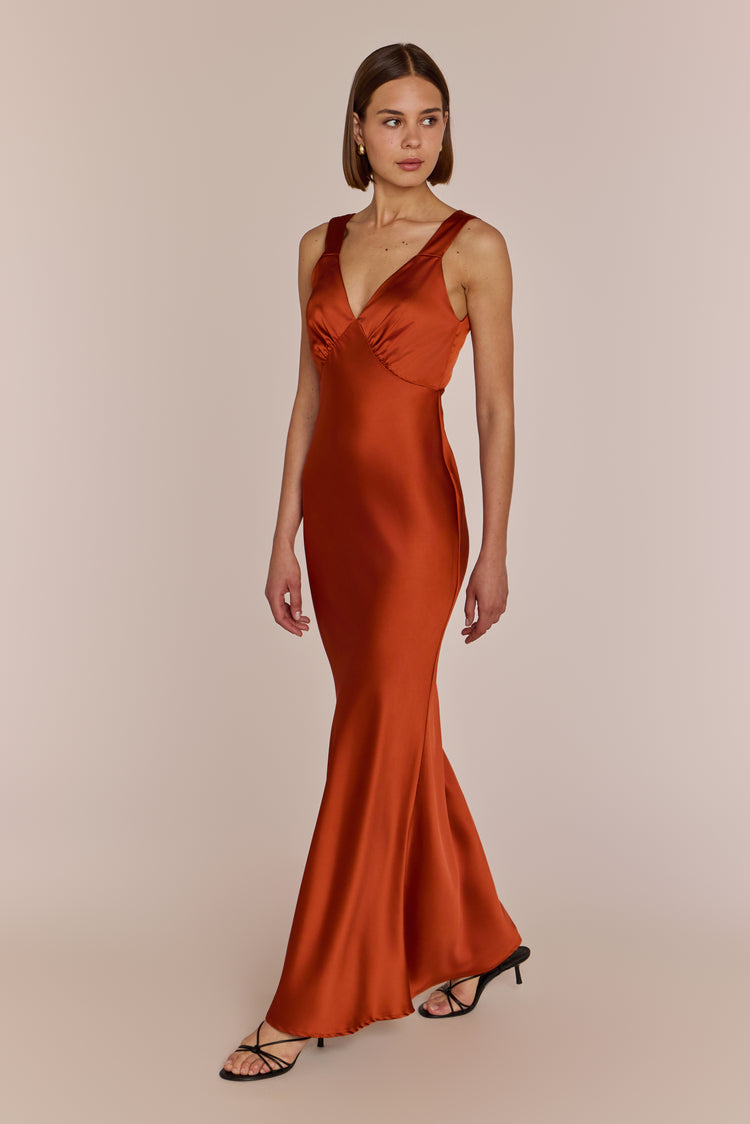 Amelia Burnt Orange Satin Bridesmaid Dress | Bias-Cut Maxi | Sizes 8–20