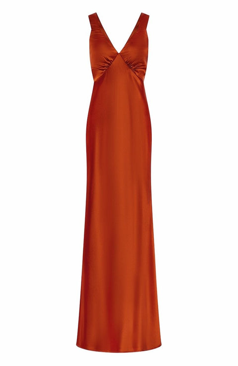 Burnt orange rust thick strap v neck bridesmaids dress