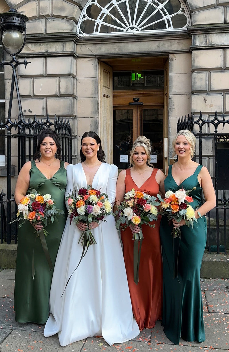 Green fashion and orange bridesmaid dresses