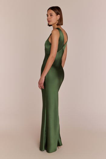 Maxi bridesmaid dress in olive green satin