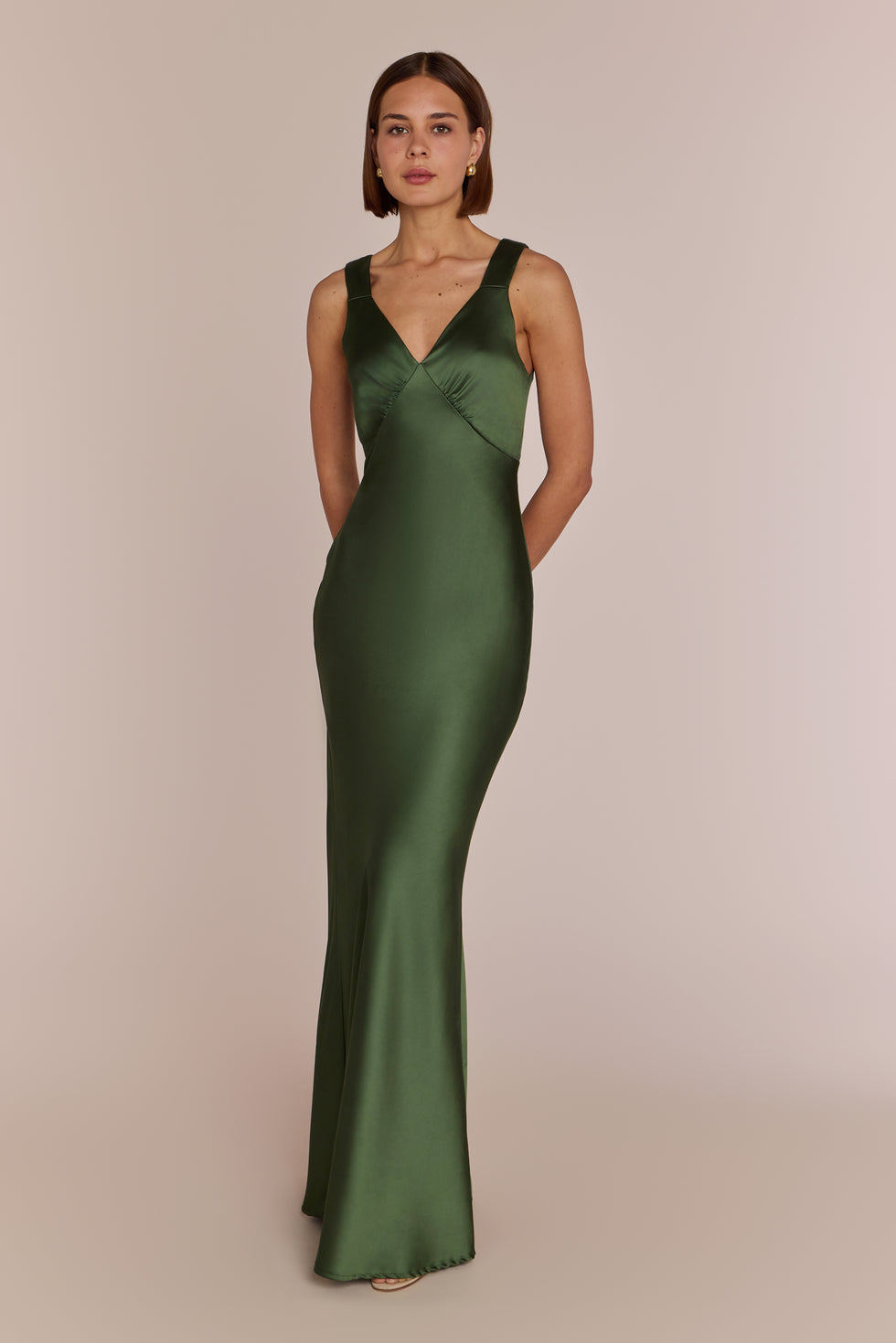 Olive Green Bridesmaid Dress - Amelia Satin Maxi