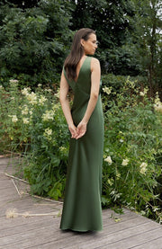 Olive green thick strap v neck satin bridesmaids dress