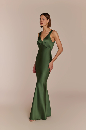 Olive green thick strap v neck satin bridesmaids dress