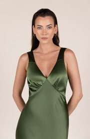 Olive green thick strap v neck satin bridesmaids dress