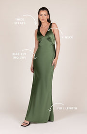 Olive green thick strap v neck satin bridesmaids dress