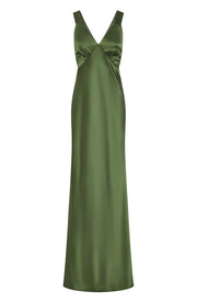 Olive green thick strap v neck satin bridesmaids dress