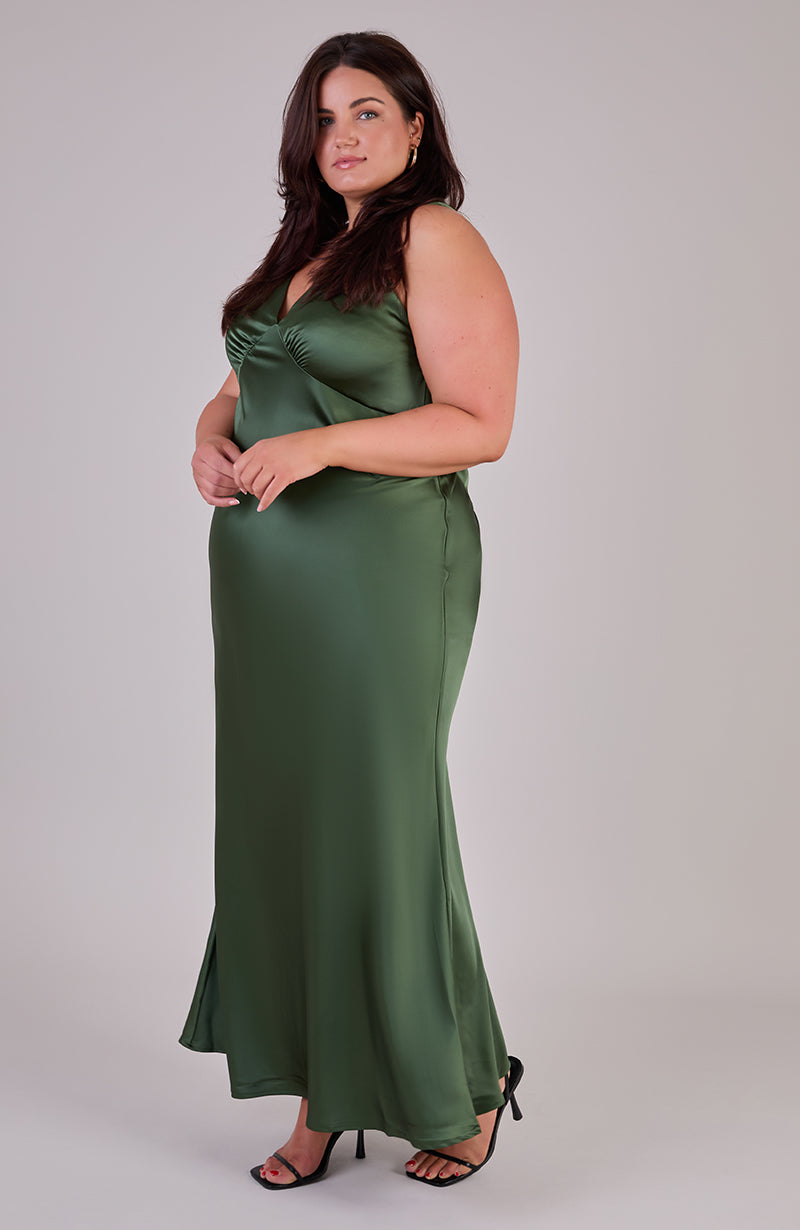 Amelia Olive Green Dress In Satin