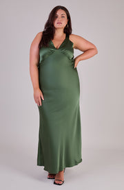 Amelia Dress in Olive Green Satin