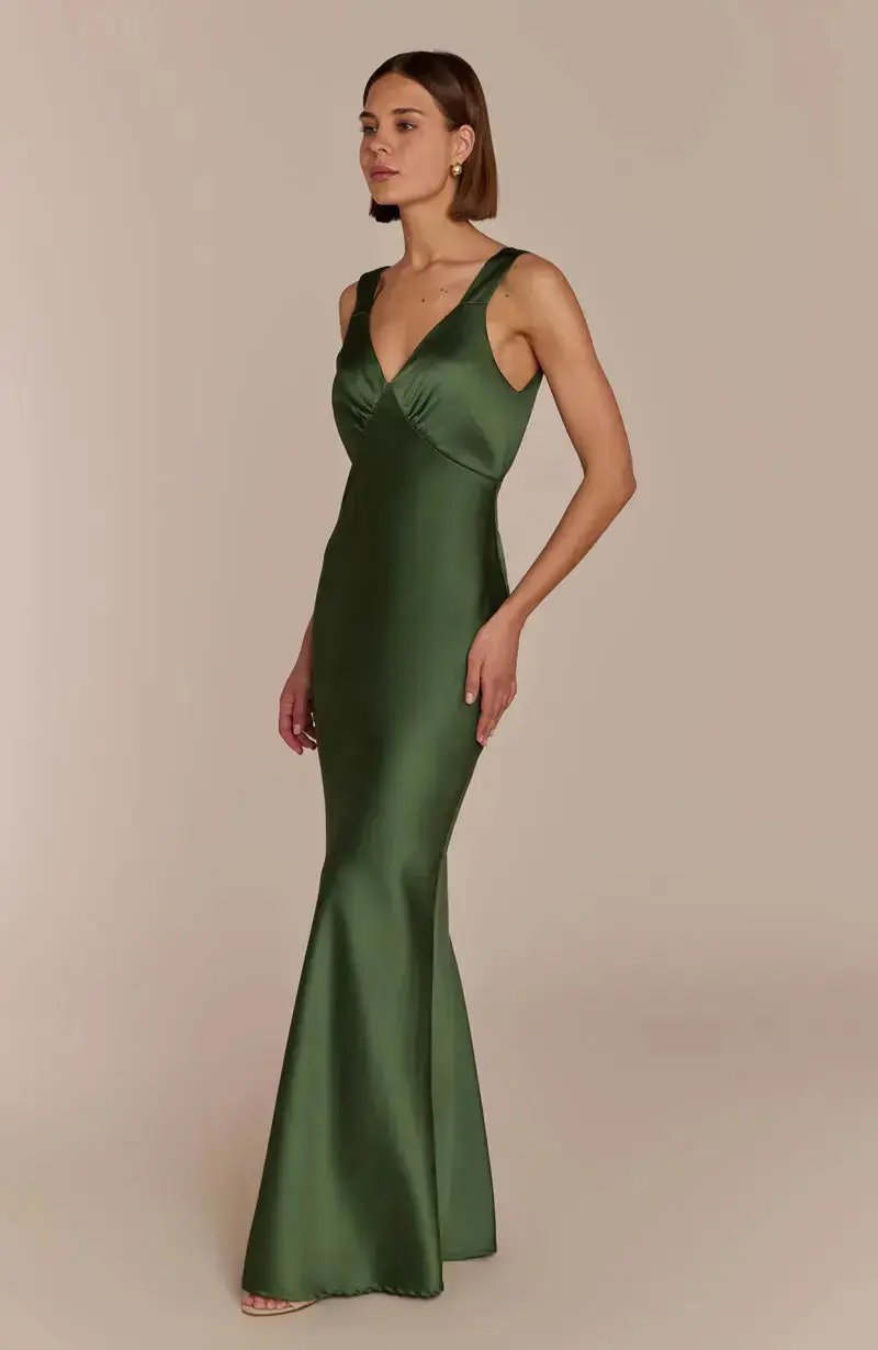 Shop the Elegant Amelia Dress in Olive Green Satin – Rewritten