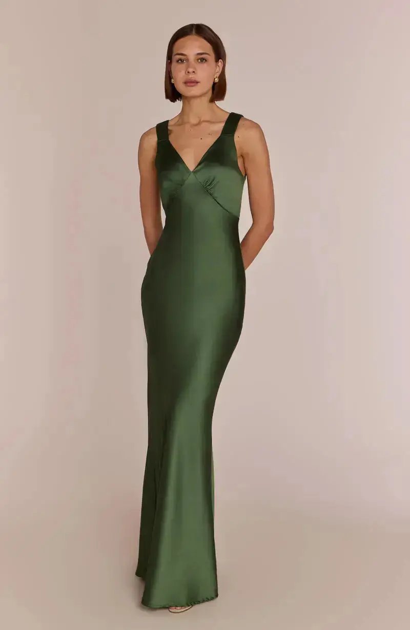 Amelia Olive Green Dress In Satin