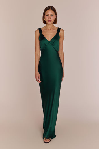 Forest green satin bridesmaid dress front  petite model