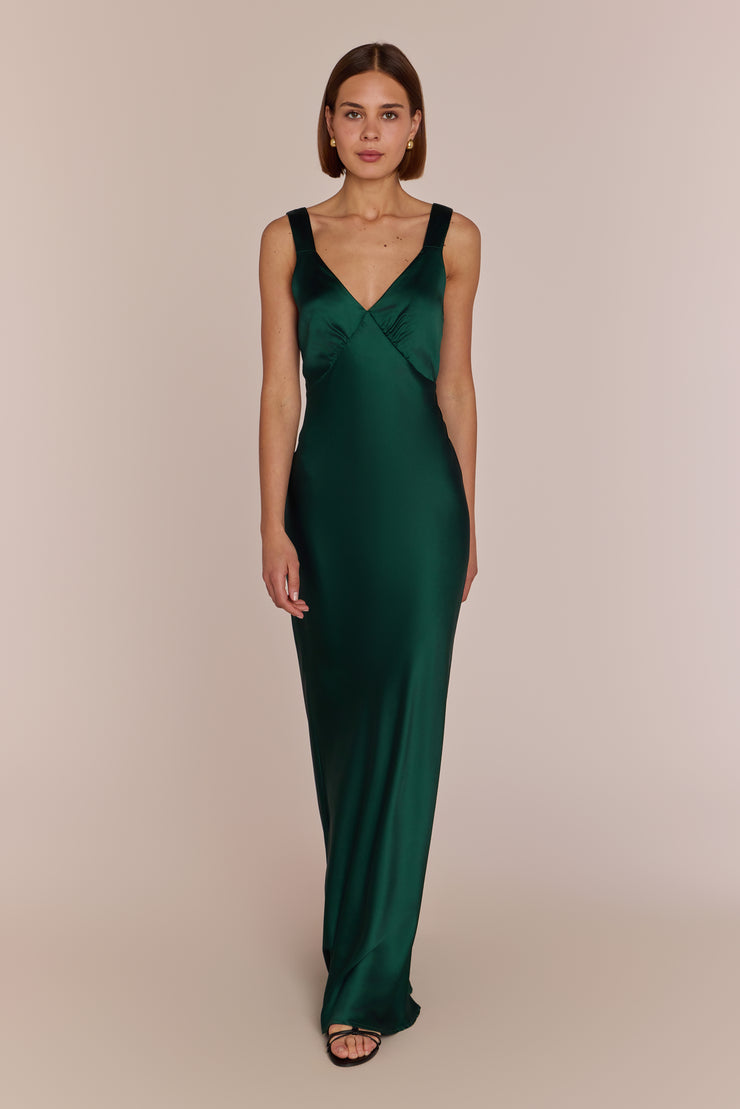 earth green bridesmaid dresses Amelia Forest Green Satin Bridesmaid Dress | Bias-Cut Maxi | Sizes 8–20