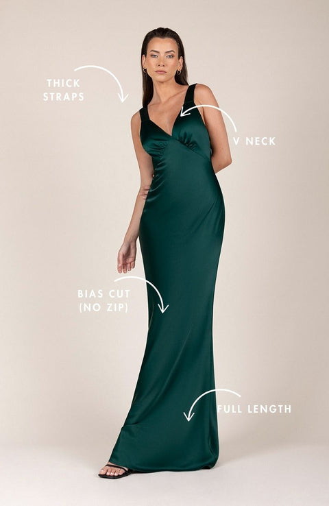 Thick strap dark emerald forest green long bridesmaids dress