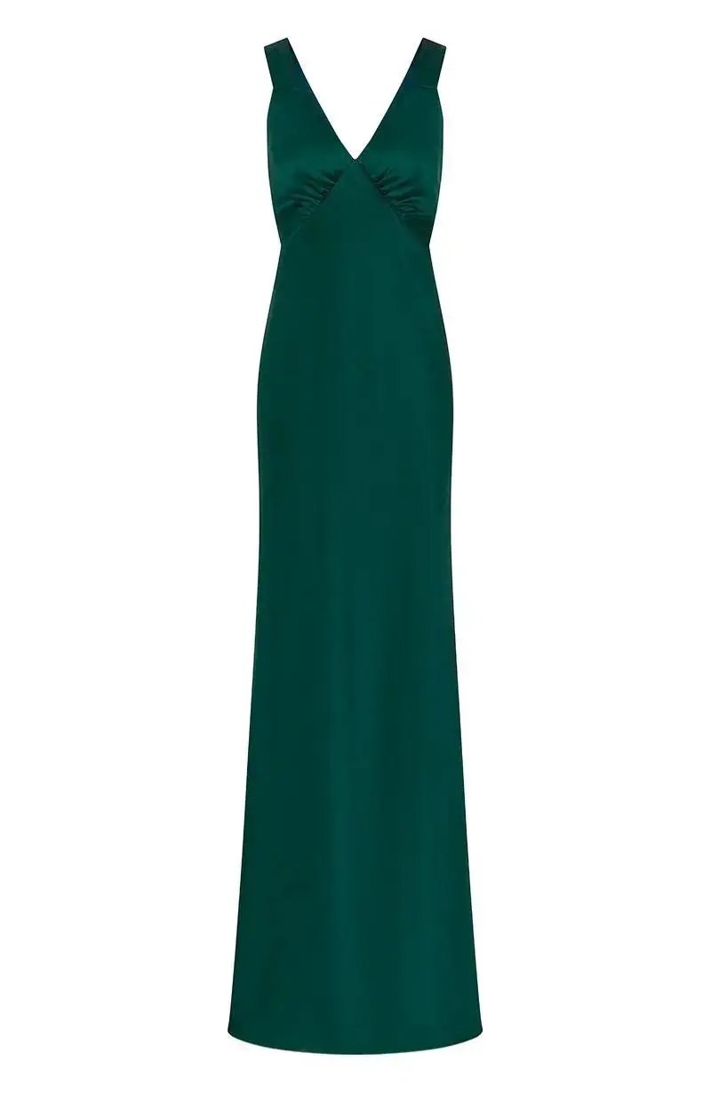 Amelia Forest Green Dress In Satin