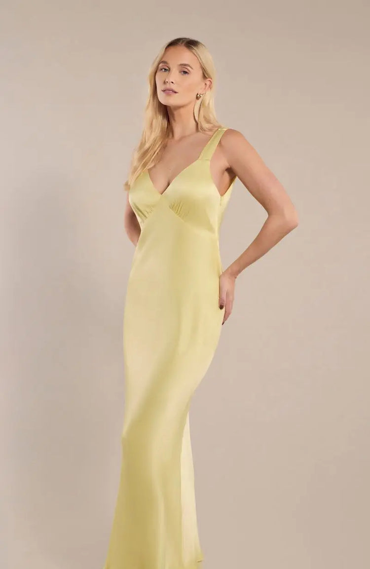 Amelia Dress in Lemonade Yellow Satin Rewritten London