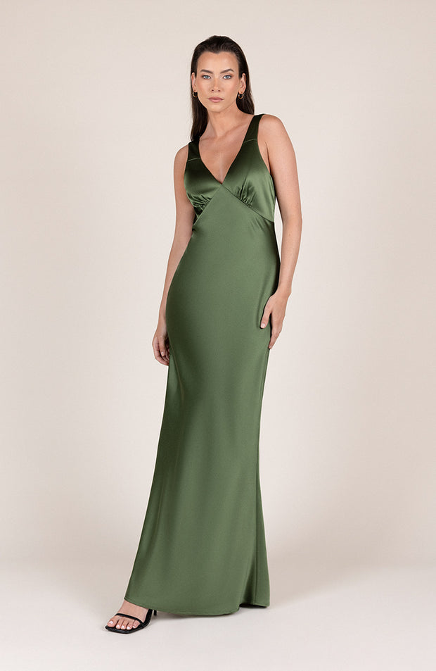 Amelia Olive Green Bridesmaids Dress In Satin