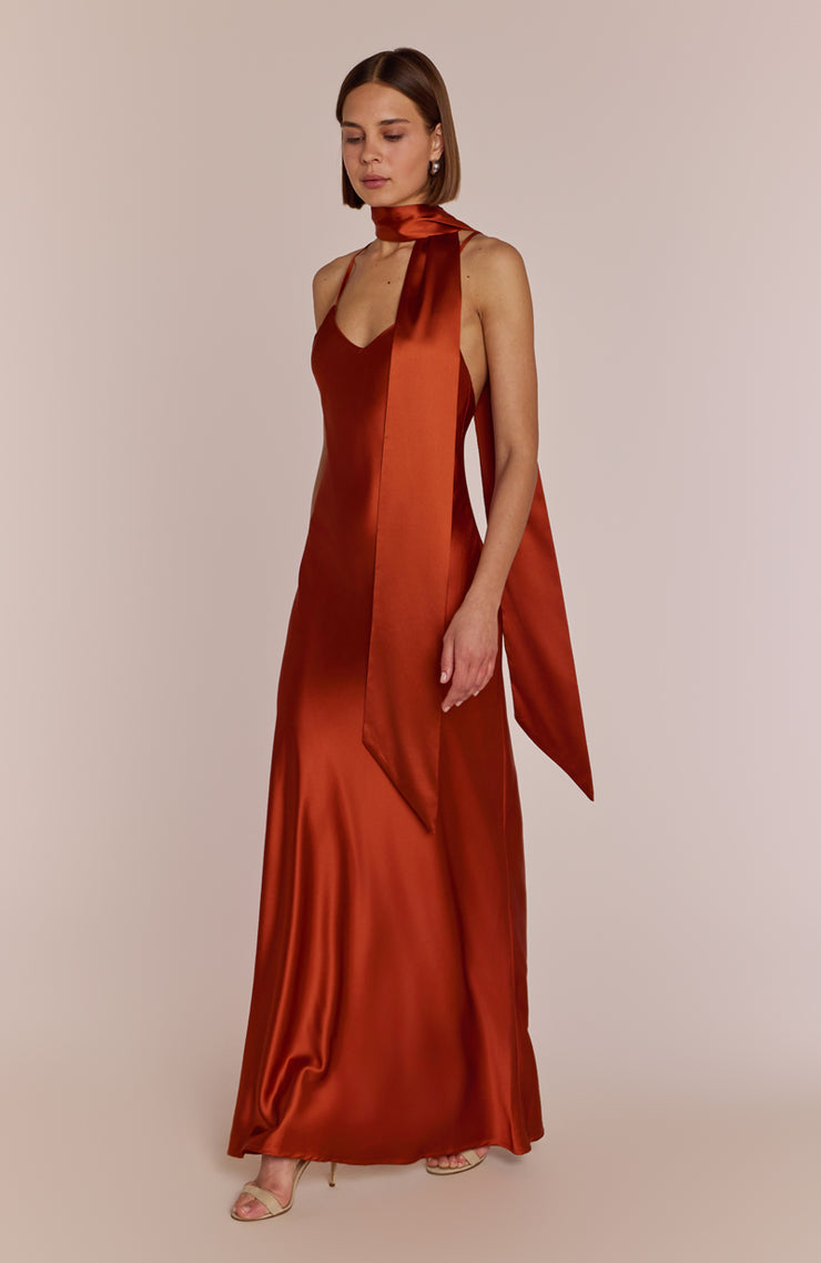 Brooklyn Bridesmaids Dress in Burnt Orange Satin - Rewritten London Brooklyn Bridesmaids Dress in Burnt Orange Satin - Rewritten London