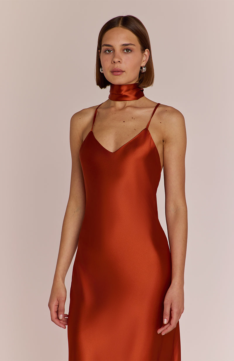 Stylish Brooklyn Dress in Burnt Orange Satin – Rewritten