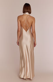 Woman wearing a long, elegant dress with a backless design on a plain background