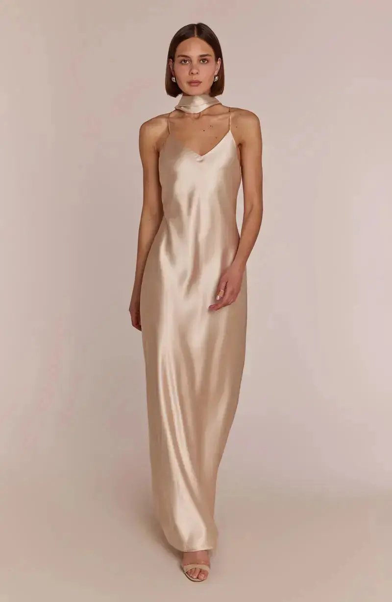 Stylish Brooklyn Dress in Champagne Satin – Rewritten