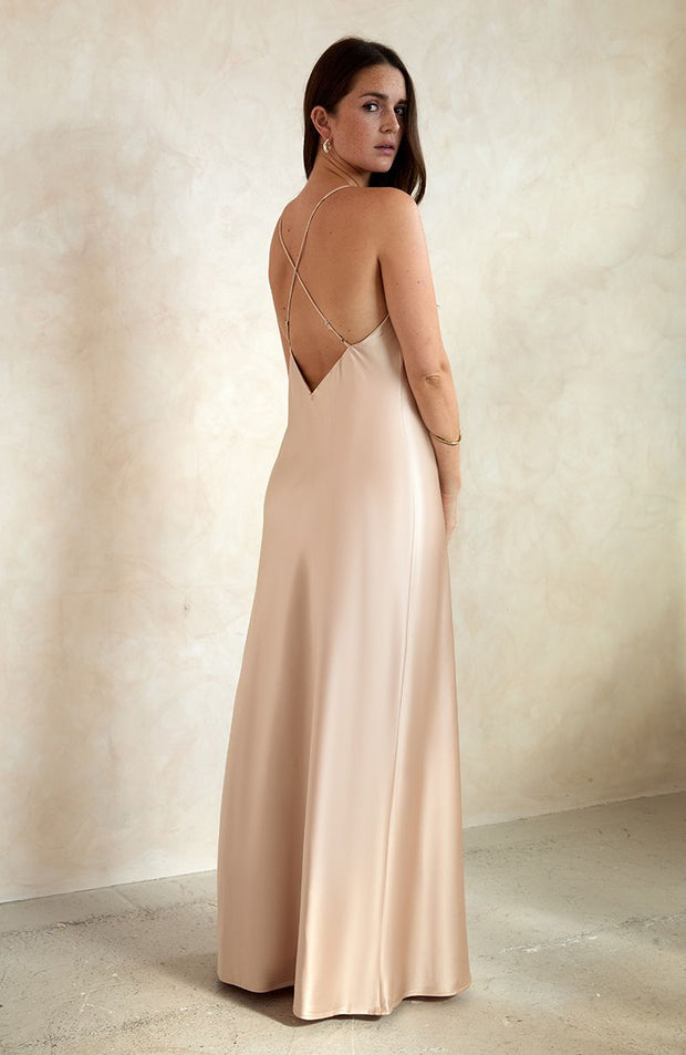 Champagne satin strappy slip bridesmaids occasion wear dress.