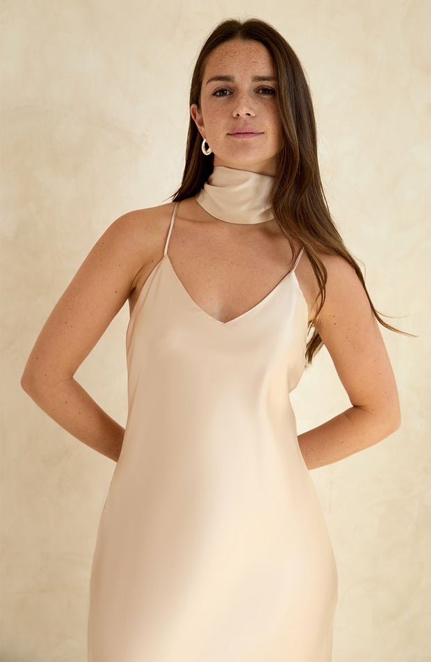 Champagne satin strappy slip bridesmaids occasion wear dress.