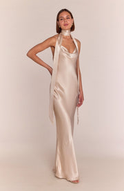 Woman wearing a long, elegant satin dress with a plain background