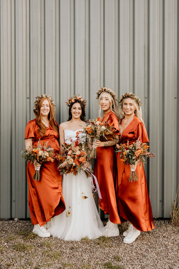 Florence Waterfall Dress in Burnt Orange Satin SAMPLE SALE