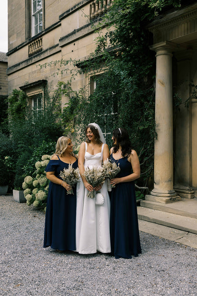 ink navy blue off shoulder bridesmaids dress