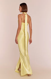 Woman wearing a yellow evening gown with a plain background