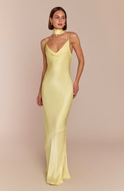 Woman wearing a light yellow evening gown against a beige background