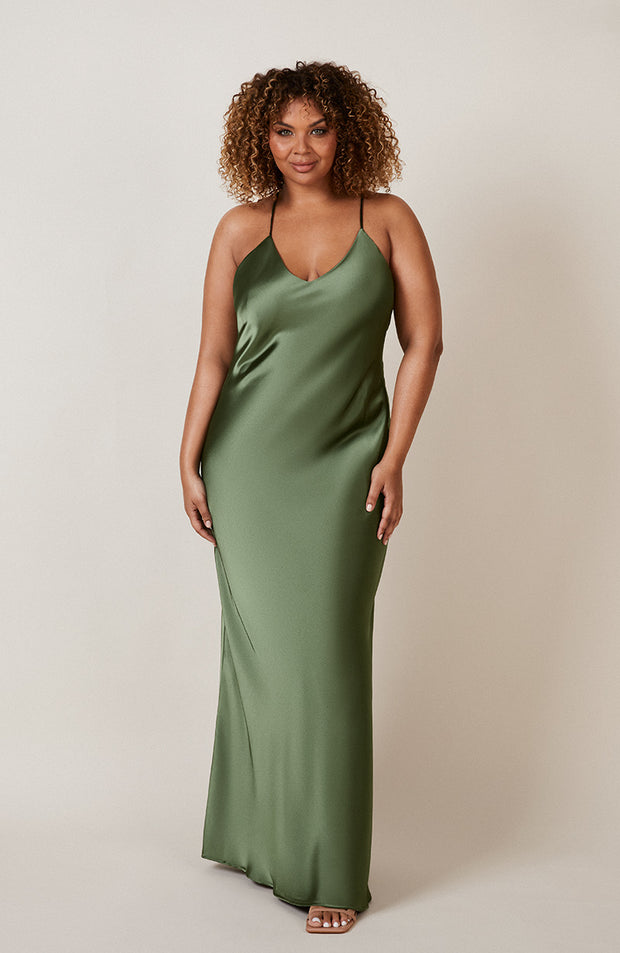 Brooklyn Dress in Olive Green Satin