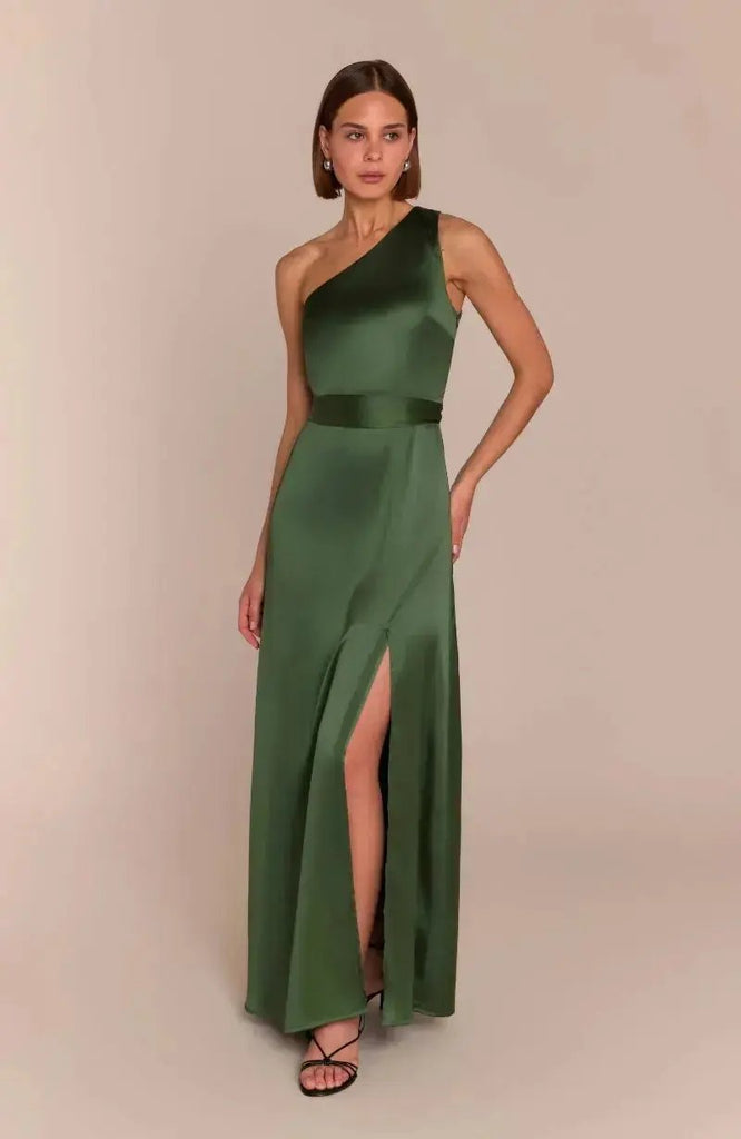 Porto One Shoulder Bridesmaids Dress in Olive Green Rewritten
