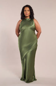 Paris Dress in Olive Green Viscose Satin