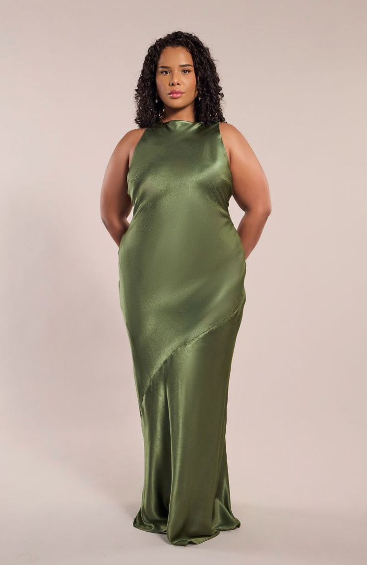 Paris Dress in Olive Green Viscose Satin